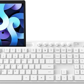 Wireless Keyboard and Mouse Combo,  2.4G Ergonomic Wireless Computer Keyboard with Phone Tablet Holder, Silent Mouse with 6 Button,  (White)