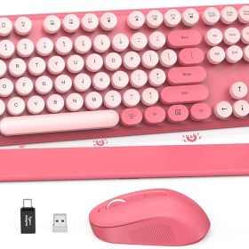Wireless Keyboard and Mouse Combo - Round Keycaps, Full-Size Retro Typewriter Keyboard with Detachable Wrist Rest, Sleep Mode & Tilt Legs, 2.4GHz Cordless Connection for //PC (Hot Pink)