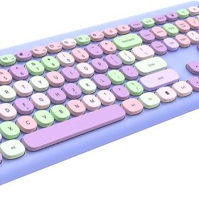 Wireless Keyboard and Mouse Combo, 2.4GHz Full-Sized Colorful Cute Keyboard Mouse Set with Retro Typewriter Flexible Round Keys for , Computer, Laptops, PC Purple Colorful
