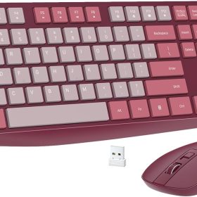 Wireless Keyboard and Mouse Combo,  2.4G Full-Sized Ergonomic Keyboard Mouse,  Adjustable Cordless USB Keyboard and Mouse, Quiet Click for Computer/Laptop (1 Pack, Rose)
