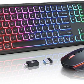Wireless Keyboard and Mouse Combo - RGB Backlit, Rechargeable & Light Up Letters, Full-Size, Ergonomic Tilt Angle, Sleep Mode, 2.4GHz Quiet Keyboard Mouse for