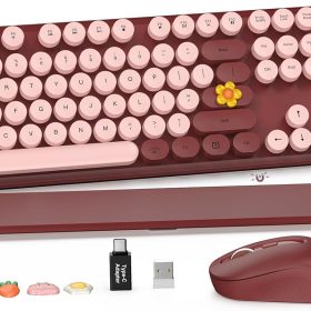 Wireless Keyboard and Mouse Combo - Retro Keyboard with Round Keycaps, Full-Size Typewriter Keyboard with Detachable Wrist Rest, 2.4GHz Connection for //PC (Wine Red)