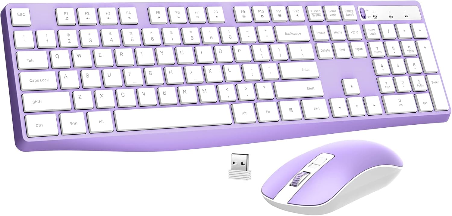 Wireless Keyboard and Mouse Combo, 2.4G Full-Sized Ergonomic Keyboard Mouse, Adjustable Cordless USB Keyboard and Mouse, Quiet Click for Computer/Laptop (1 Pack, Purple)