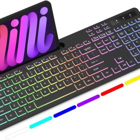 Wireless Keyboard with 7-Color RGB Backlit, Full-Size Computer Keyboard with Phone Tablet Holder, 2.4G Rechargeable Gaming Keyboard with Light Up Keys, Compatible with ,  (Black)