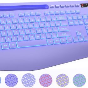 Wireless Keyboard with 7 Colored Backlits, Wrist Rest, Phone Holder, Rechargeable Ergonomic Computer Keyboard with Silent Keys, Full Size Lighted Keyboard for ,  Laptop (Purple)