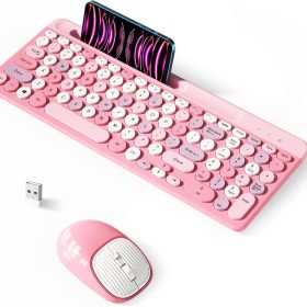 Wireless Keyboard and Mouse Combo, Retro Wireless Keyboard with Round Keycaps, 2.4GHz Full-Size USB Cute Wireless Keyboard Mouse for Computer, Desktop, Laptop and Computer