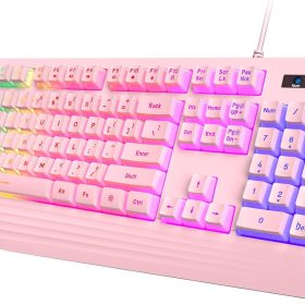 Pink Creamy Keyboard, Rainbow LED Backlit, 104 Keys Silent Light Up Gaming Keyboard with Wrist Rest, PBT Keycap, Anti-ghosting, Waterproof USB Wired Computer Keyboard for PC  Xbox