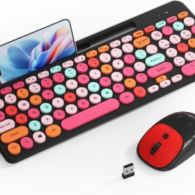 Retro Typewriter Wireless Keyboard with Round Keycaps, 2.4GHz Compact USB Cute Wireless Keyboard and Mouse Combo for Desktop, Laptop and Computer