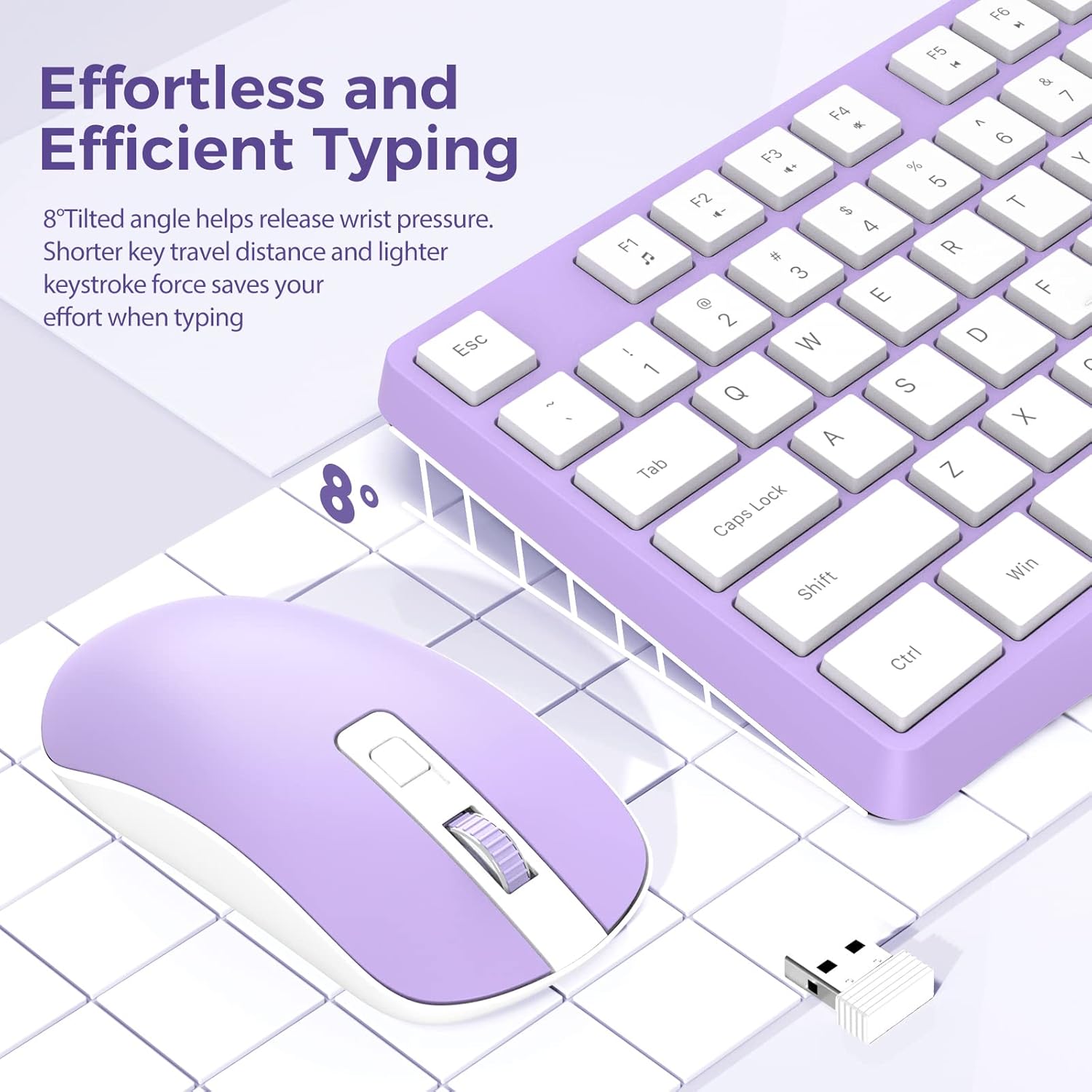 Wireless Keyboard and Mouse Combo, 2.4G Full-Sized Ergonomic Keyboard Mouse, Adjustable Cordless USB Keyboard and Mouse, Quiet Click for Computer/Laptop (1 Pack, Purple) - Image 2