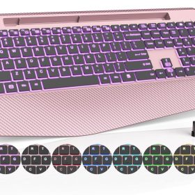Wireless Keyboard with 7 Colored Backlits Wrist Rest, Phone Holder, Rechargeable Ergonomic Computer Keyboard with Silent Key, Full Size Lighted Keyboard for , , PC, Laptop (Rose gold)