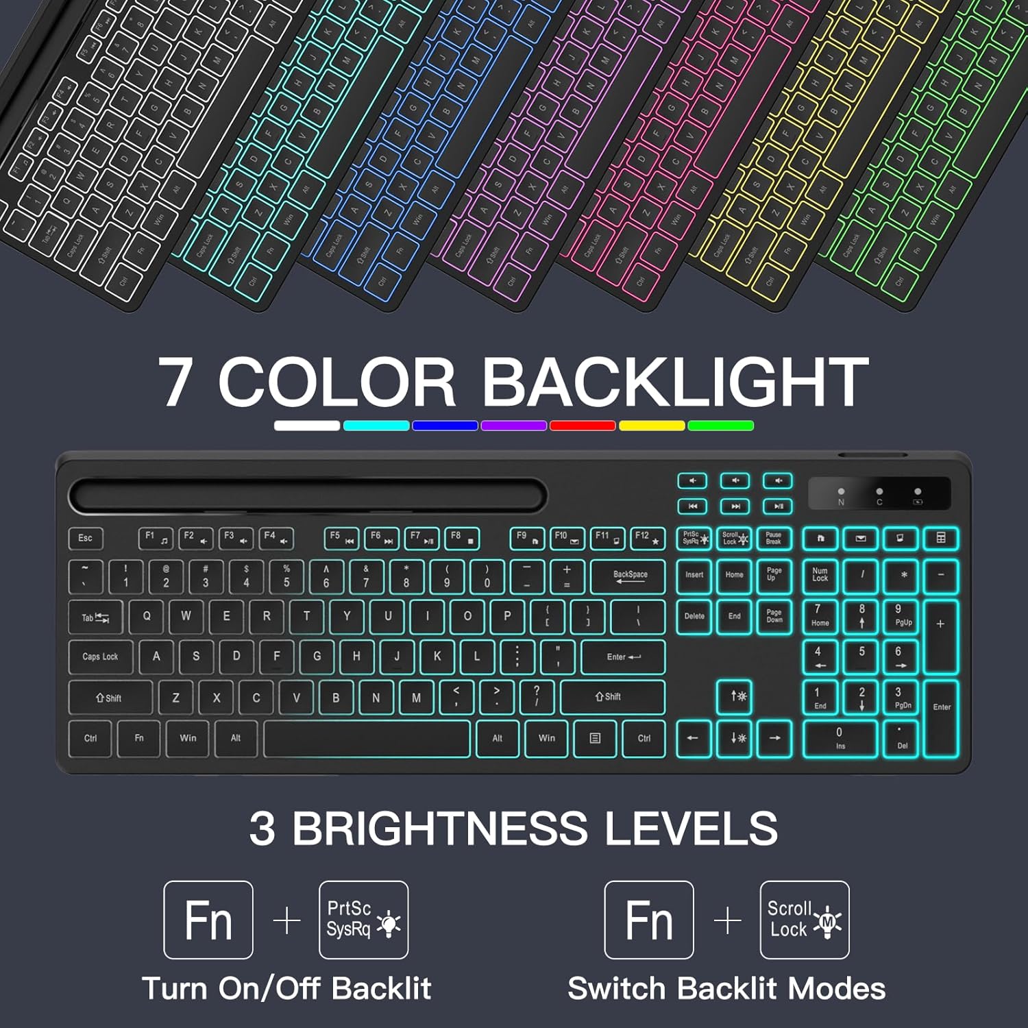 Wireless Keyboard with 7-Color RGB Backlit, Full-Size Computer Keyboard with Phone Tablet Holder, 2.4G Rechargeable Gaming Keyboard with Light Up Keys, Compatible with , (Black) - Image 2